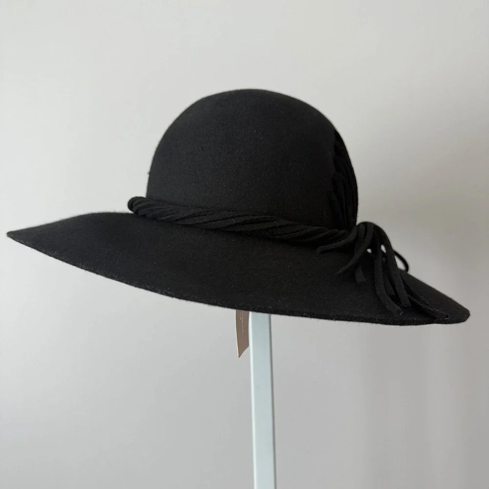 Jessica Simpson OS Black Wool Floppy Wide Brim Hat NWT Boho Felt Bow Fedora